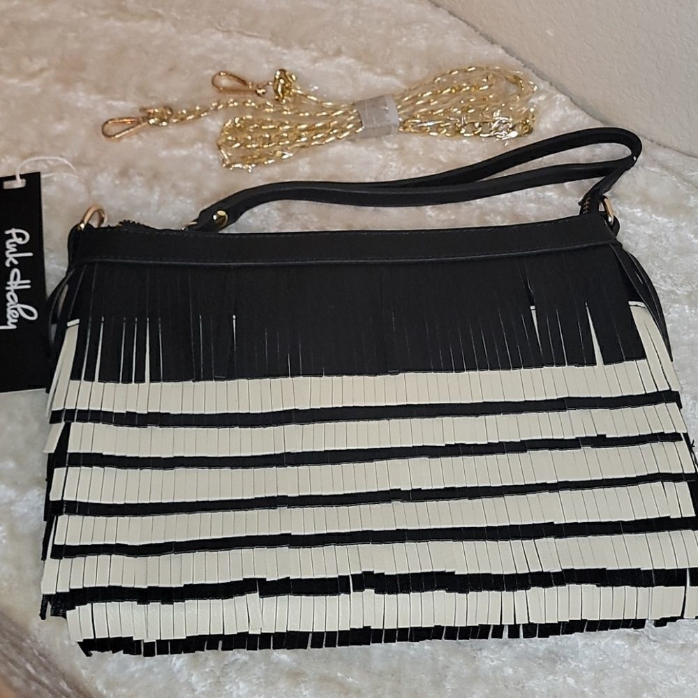 Black/Tan Fringe Vegan Leathe Clutch/Crossbody Bag - Picture 6 of 15